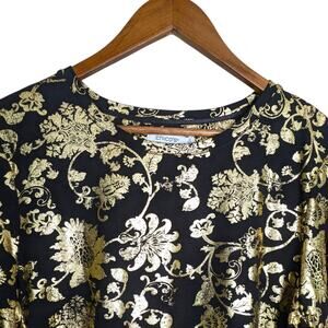 Chico's Touch of Cool Foiled Floral Layering Tee Top XL Black Gold Long Sleeve